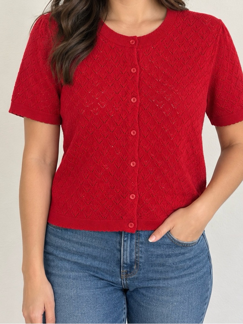 J. Crew Red Short-Sleeve Button-Up Knit Top, size small NWT